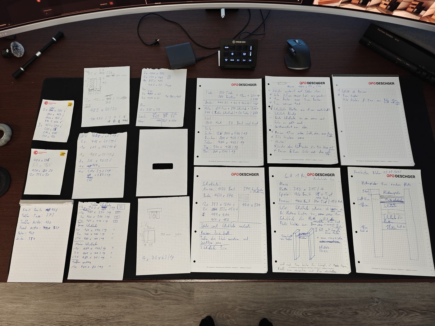 10 A4-Blätter mit Massen, Notizen und Skizzen